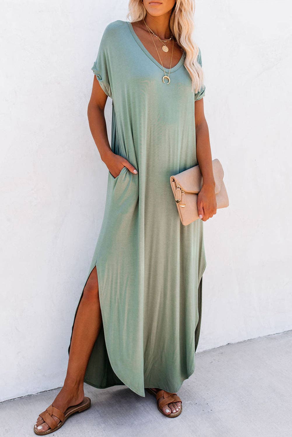 chinese dress ladies V-Neck Pocketed Maxi Shirt Dress: Grass Green / XL – North of Nash