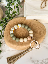 Load image into Gallery viewer, Silicone Beaded Wristlet Keychain: Olive Green Floral