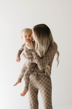 Load image into Gallery viewer, Bamboo Zip Pajamas | Faded Brown Checkerboard: 12-18 Months
