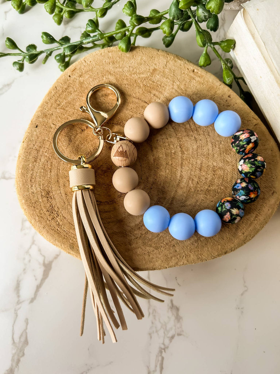 Silicone Beaded Wristlet Keychain: Periwinkle & Black Floral